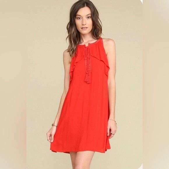 Hyfve red lace up ruffle dress size large - Picture 1 of 6